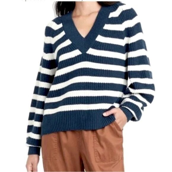 Navy Stripe Sweater VNeck Pullover Cable  Size L oversized - Picture 1 of 12